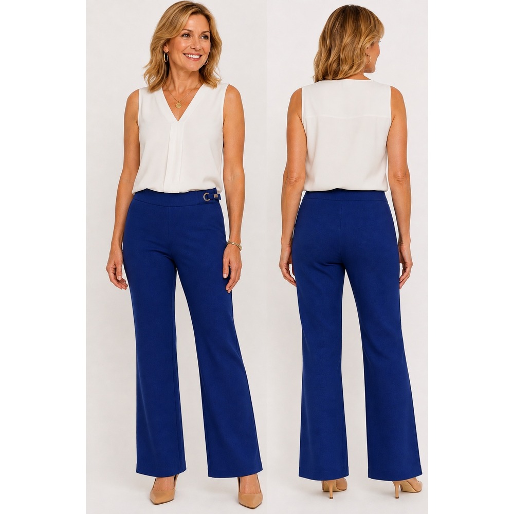 Chico's Blue Textured Flare Leg Trousers Womens Size 8R silver Buckle Detail